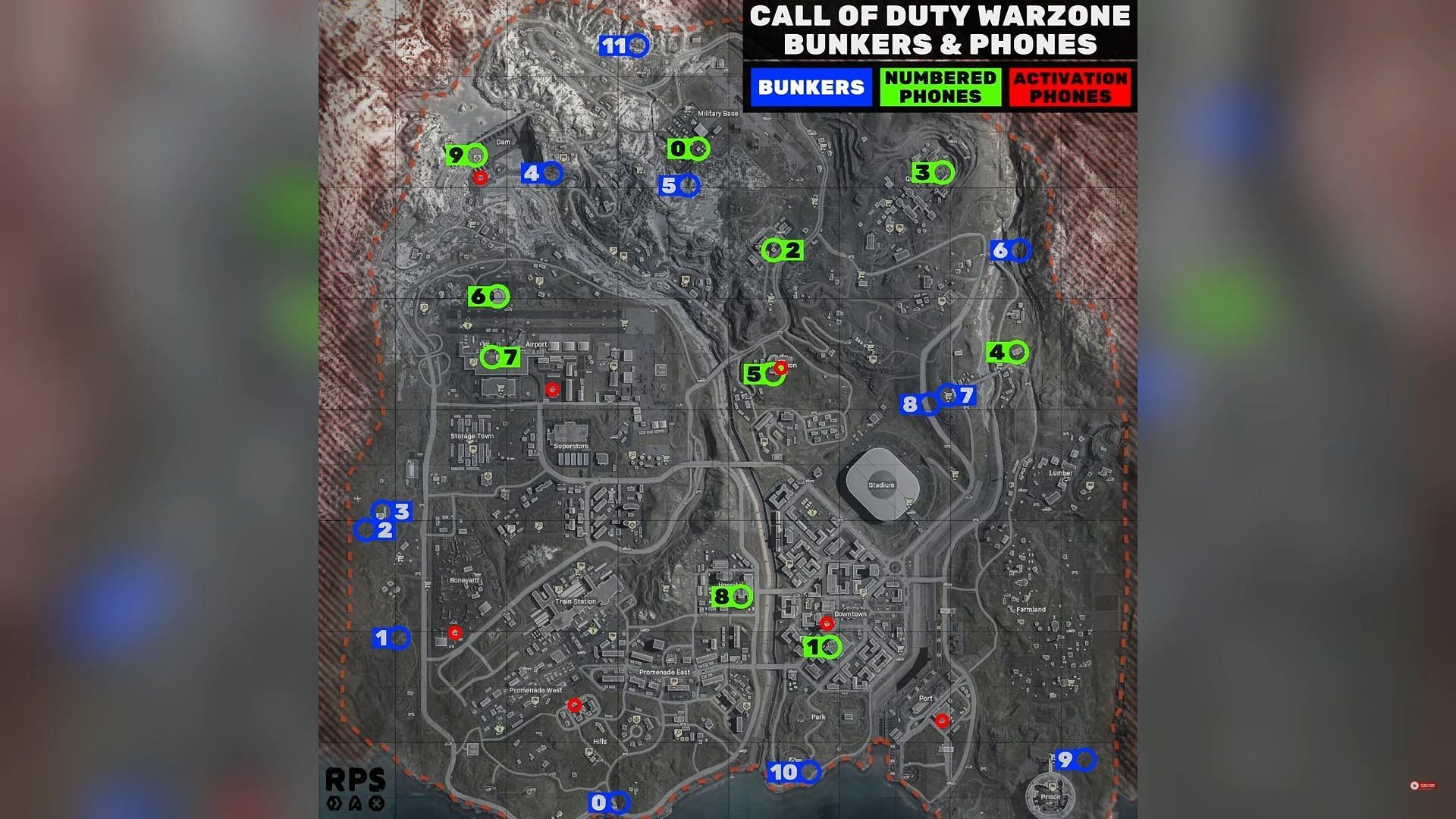 Location of phones and bunkers to complete the Bunker 11 Easter egg in Verdansk in Warzone (Image via Tridzo on YouTube)